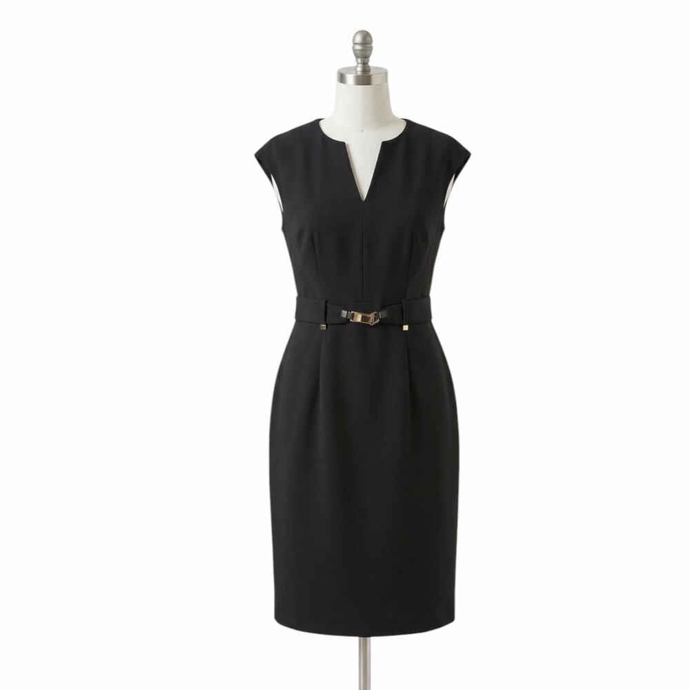 Calvin Klein Black Sheath Dress Gold Belt Detail Size Large Office Career